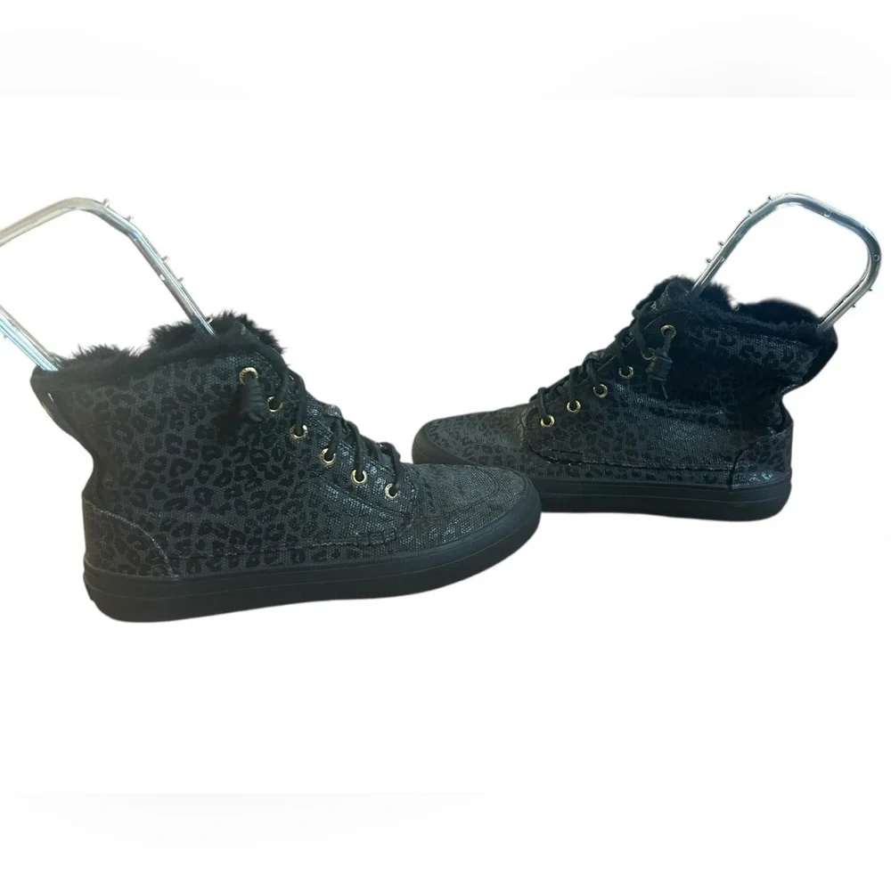 Sperry Black Leopard Crest Vibe Canvas Hightop Sneaker Fur Booties Women’s 7.5M